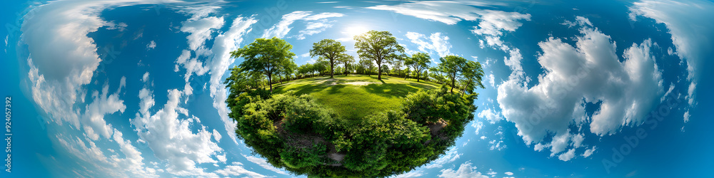 360 degree view of a verdant miniature world with trees fluffy white clouds and a gentle blue sky Tiny park planet captured in a spherical image format Planet Earth displayed in full panora 360 degree view of a verdant miniature world with trees fluffy white clouds and a gentle blue sky Tiny park planet captured in a spherical image format Planet Earth displayed in full panora