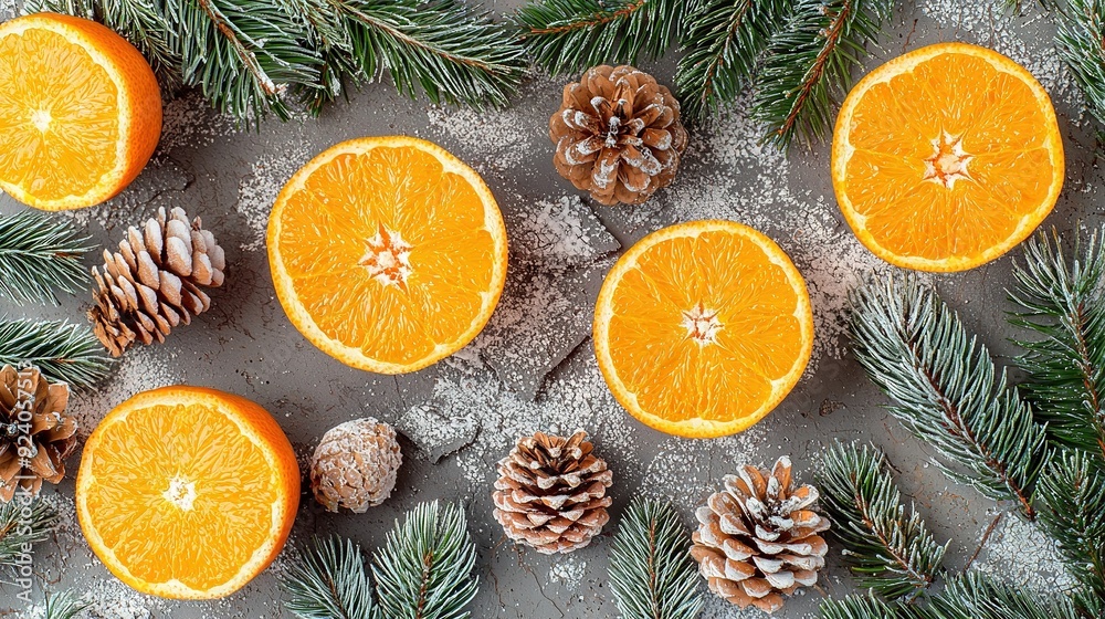 A group of oranges rests beside pine cones on a snow-covered ground, with more pine cones scattered on top A group of oranges rests beside pine cones on a snow-covered ground, with more pine cones scattered on top