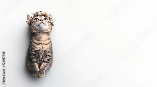  A feline perched atop hind legs, adorned with a floral wreath, gazes heavenward