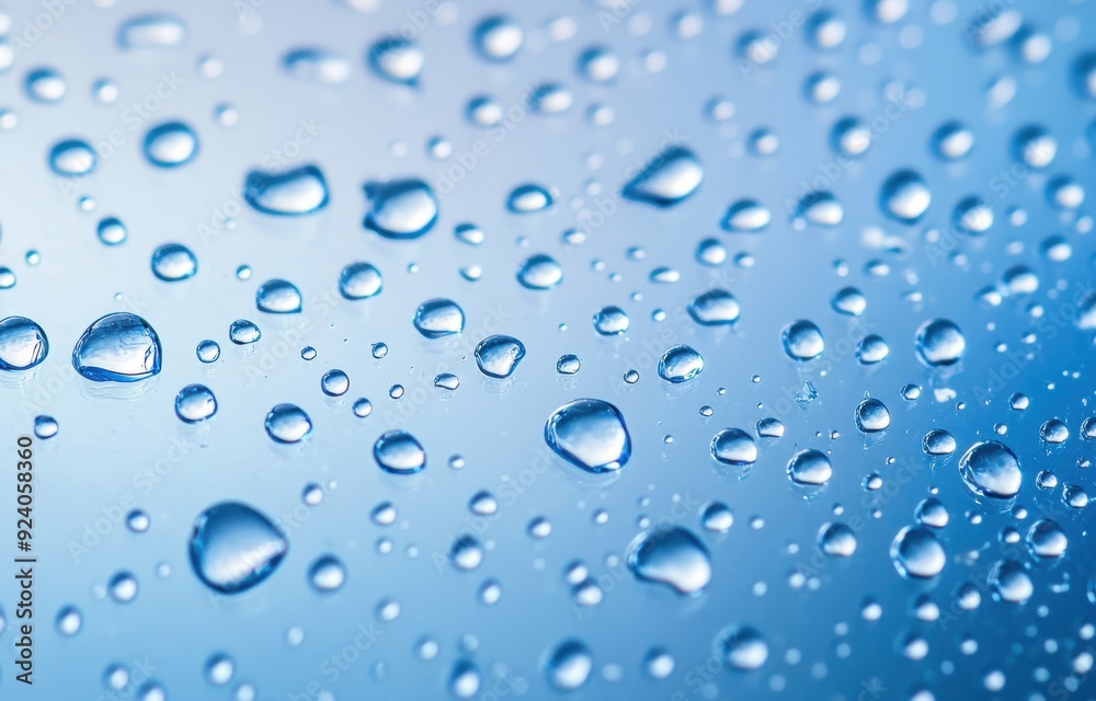 Water droplets on glass, macro photography, blue background Water droplets on glass, macro photography, blue background