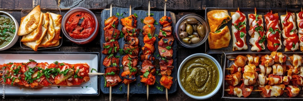 Straight-on view of pizza stick shot glass appetizers with dip ready for a gathering.