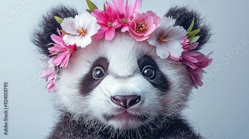   A close-up of a panda bear with flowers on its head against a gray background, with a white background