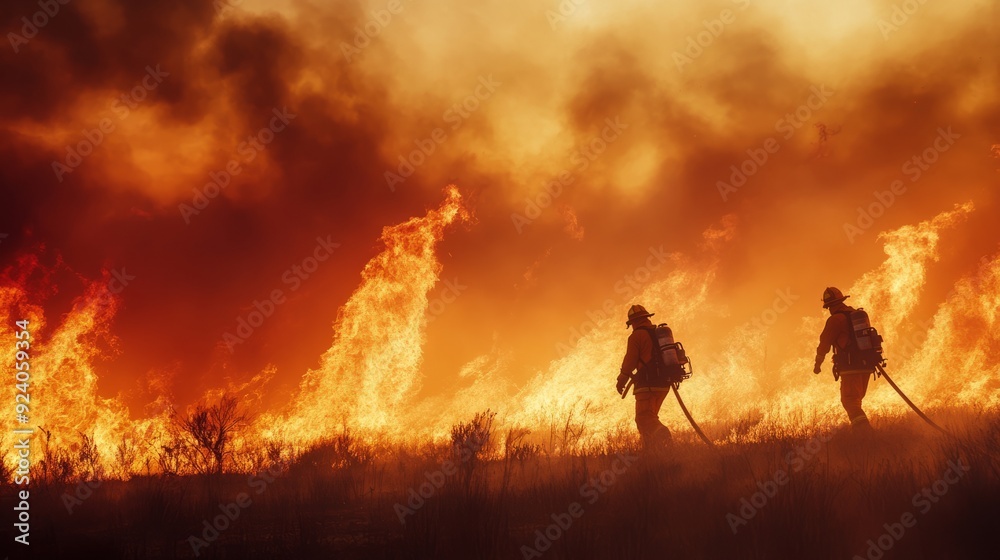 Firefighters in a field with a wildfire burning in the background. Firefighters in a field with a wildfire burning in the background.