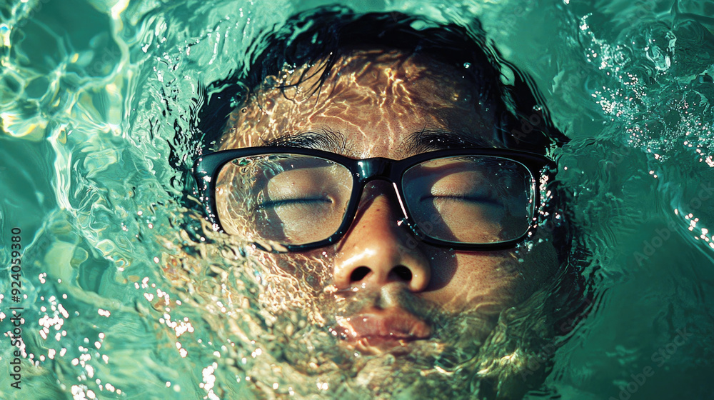 Fototapeta premium 男, 男性, 水, 海, 湖, 浮かぶ男性, 水に浮かぶ男性, 水に浸かる男性, Man, male, water, ocean, lake, man floating, man on water, man in water