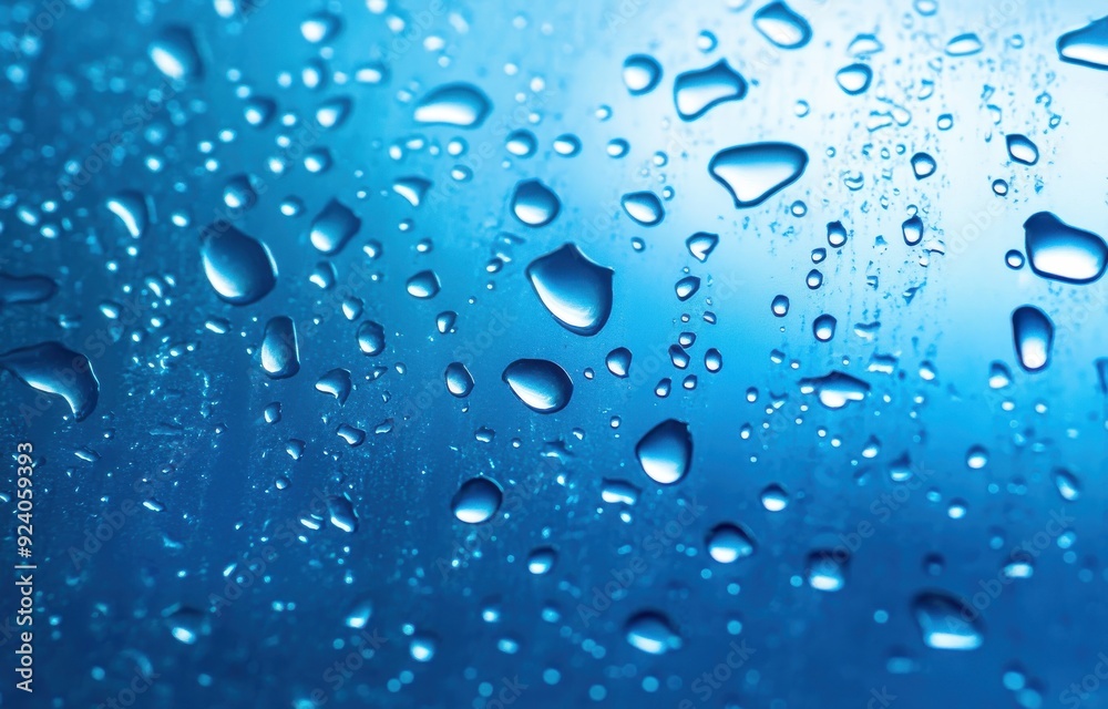 Water droplets on glass, macro photography, blue background Water droplets on glass, macro photography, blue background