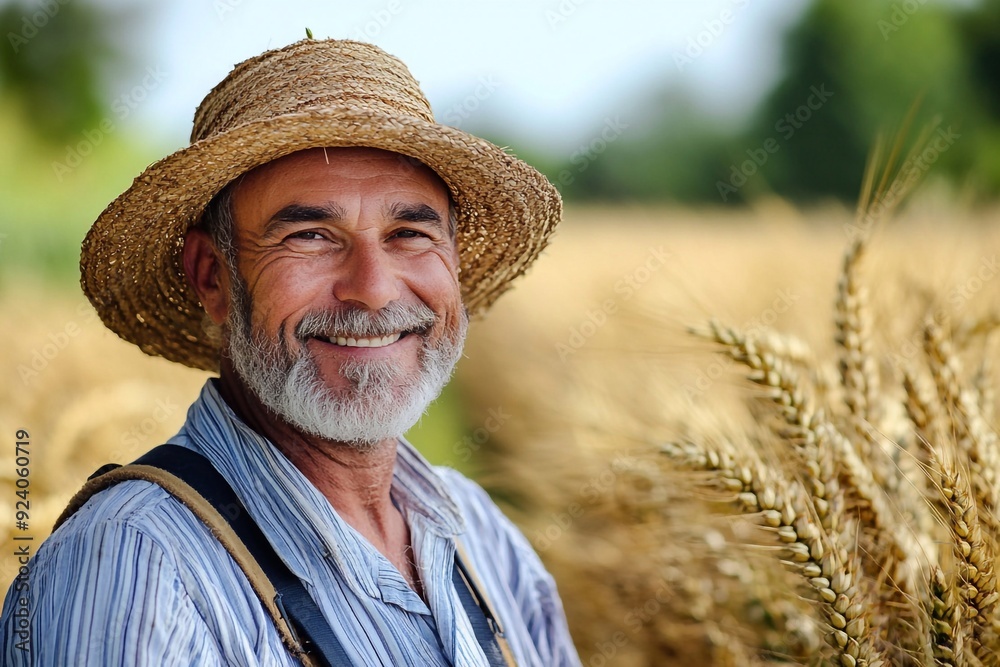 Fototapeta premium Smiling farmer in field in straw hat