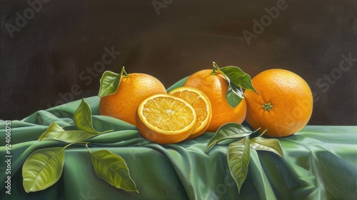 oranges on an elegant dark green tablecloth photo