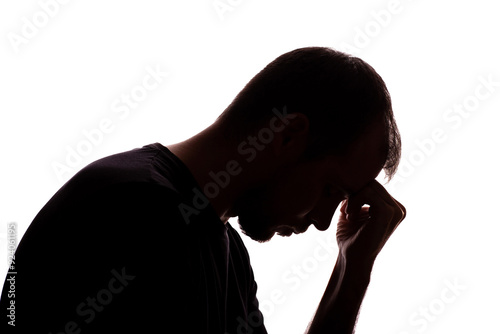 Sad man young unshaven business clothes silhouette - white background isolate