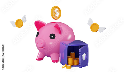 Piggy bank and safe Vault or Safe box with coin stacks Money-saving and stored money concept