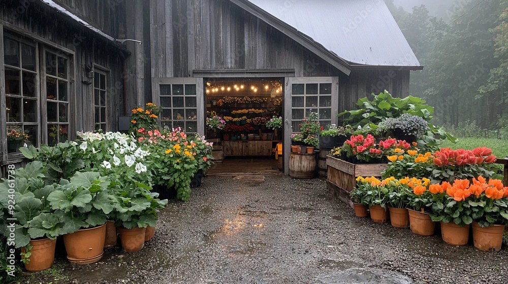 A barn with a variety of potted plants and flowers in front A barn with a variety of potted plants and flowers in front