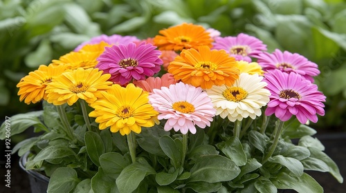  Close-up of colorful flowers on potted plant amidst green foliage backdrop