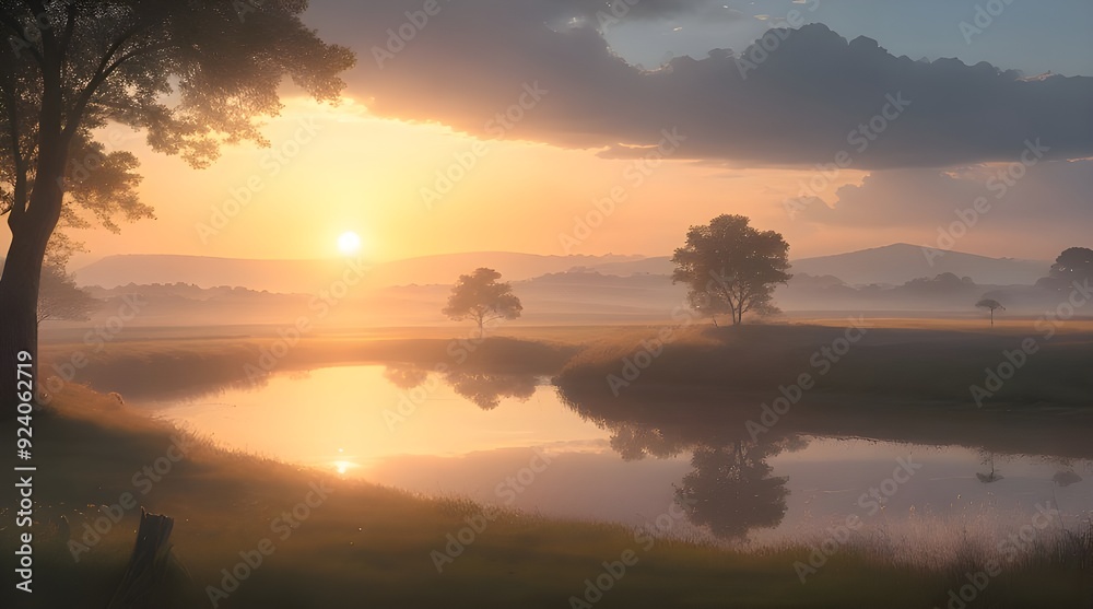 Serene Sunrise Over a Misty River with Peaceful Countryside Views, Reflecting the Tranquil Beauty of Nature at Dawn with Soft Golden Light and Mist Serene Sunrise Over a Misty River with Peaceful Countryside Views, Reflecting the Tranquil Beauty of Nature at Dawn with Soft Golden Light and Mist