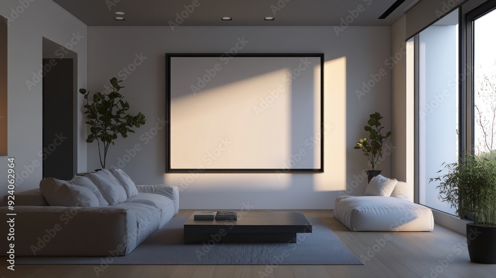 Minimalist Living Room with Large Empty Canvas and Natural Light Minimalist Living Room with Large Empty Canvas and Natural Light