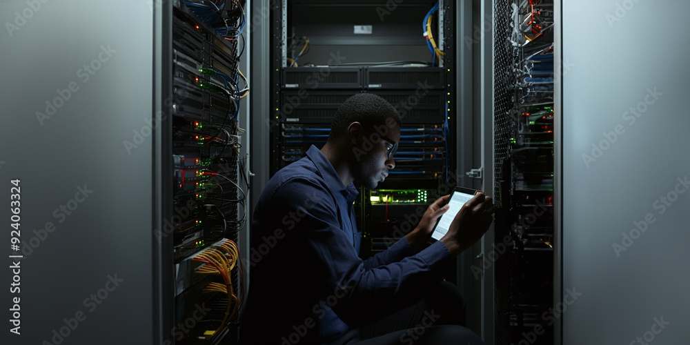 IT Technician Inspecting Server Equipment in a Data Center IT Technician Inspecting Server Equipment in a Data Center
