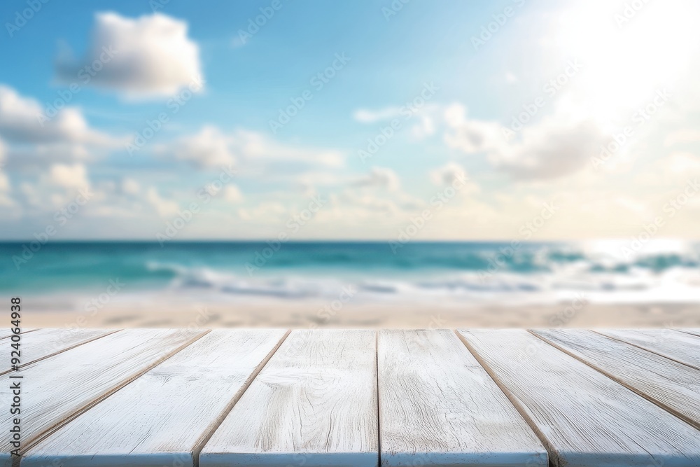 White wooden table top with blurred beach background for product display presentation White wooden table top with blurred beach background for product display presentation