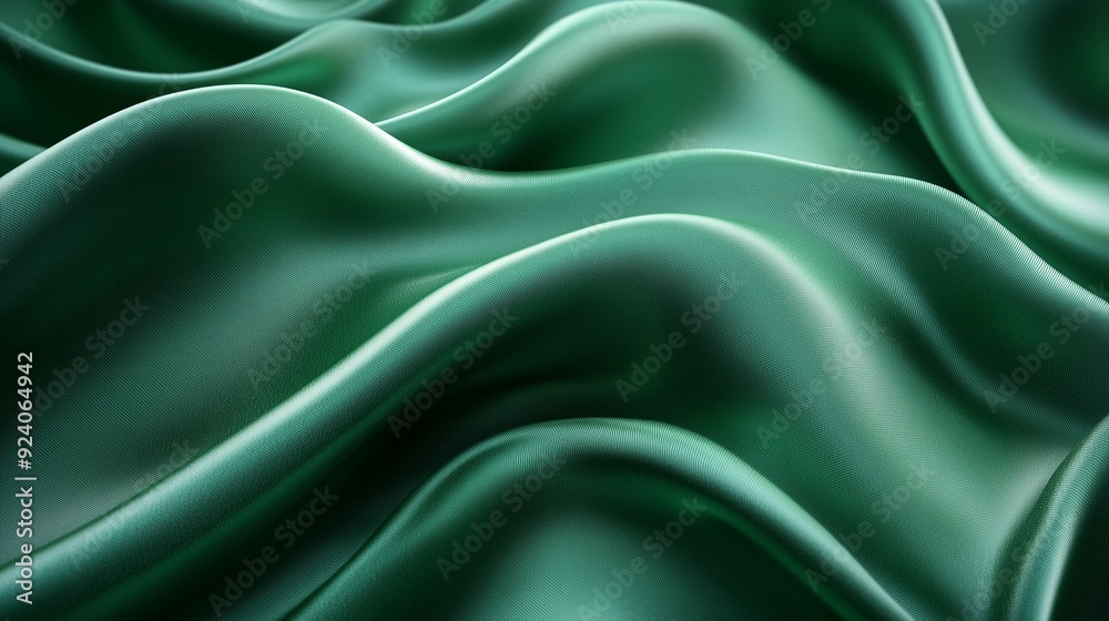 Green satin fabric draped elegantly with soft, flowing waves under gentle light Green satin fabric draped elegantly with soft, flowing waves under gentle light