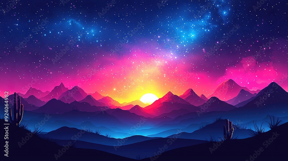 A serene nightscape featuring majestic mountains, shimmering stars, and an ethereal sky painted in vibrant tones of pink, blue, and purple A serene nightscape featuring majestic mountains, shimmering stars, and an ethereal sky painted in vibrant tones of pink, blue, and purple