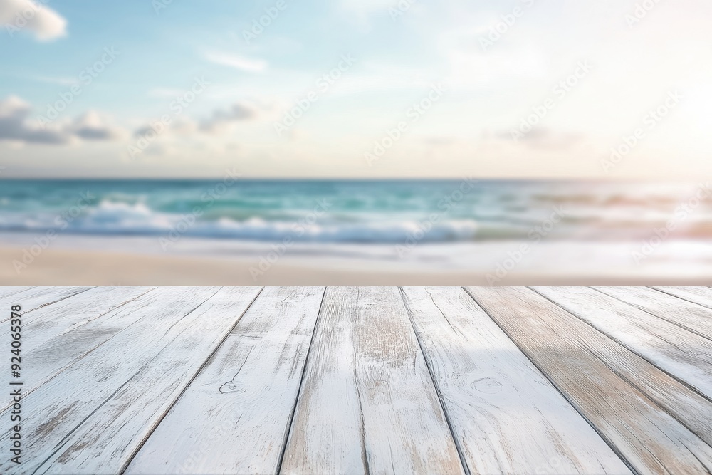 White wooden table top with blurred beach background for product display presentation White wooden table top with blurred beach background for product display presentation