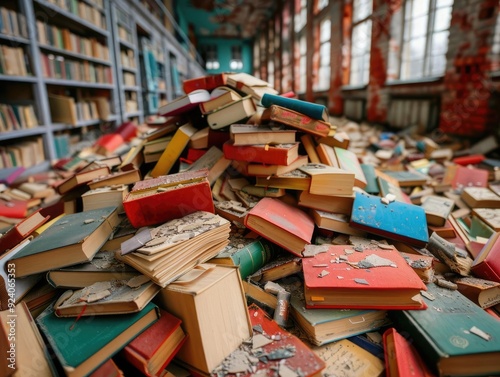 An abandoned library where books crumble into dust, pages of forgotten knowledge disappearing into shadows photo