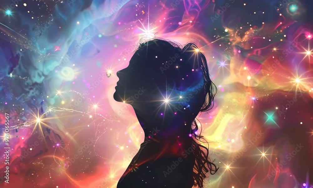 A black silhouette of a girl's face against a background of multicolored bright shining lights. Video A black silhouette of a girl's face against a background of multicolored bright shining lights. Video