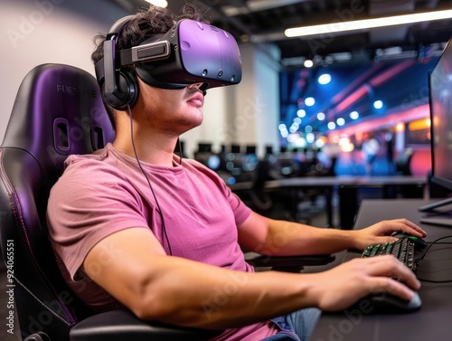 A virtual reality gaming setup with nonessential accessories like motion sensors and immersive screens, elevating the gaming experience photo