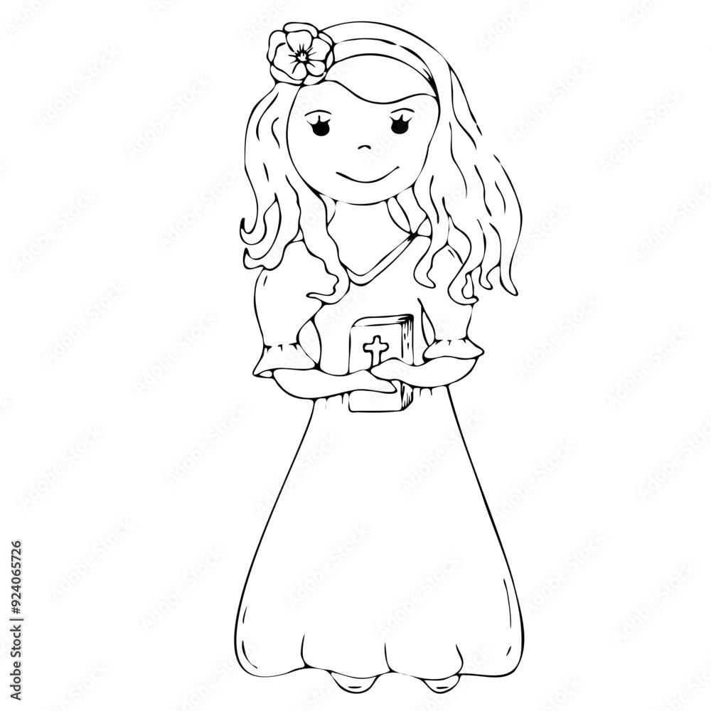 Obraz premium First communion girl. Vector illustration. Beautiful girl in communion dress and with Bible. Black and white graphic arts. Handmade. Isolated and flat illustration. Holy communion