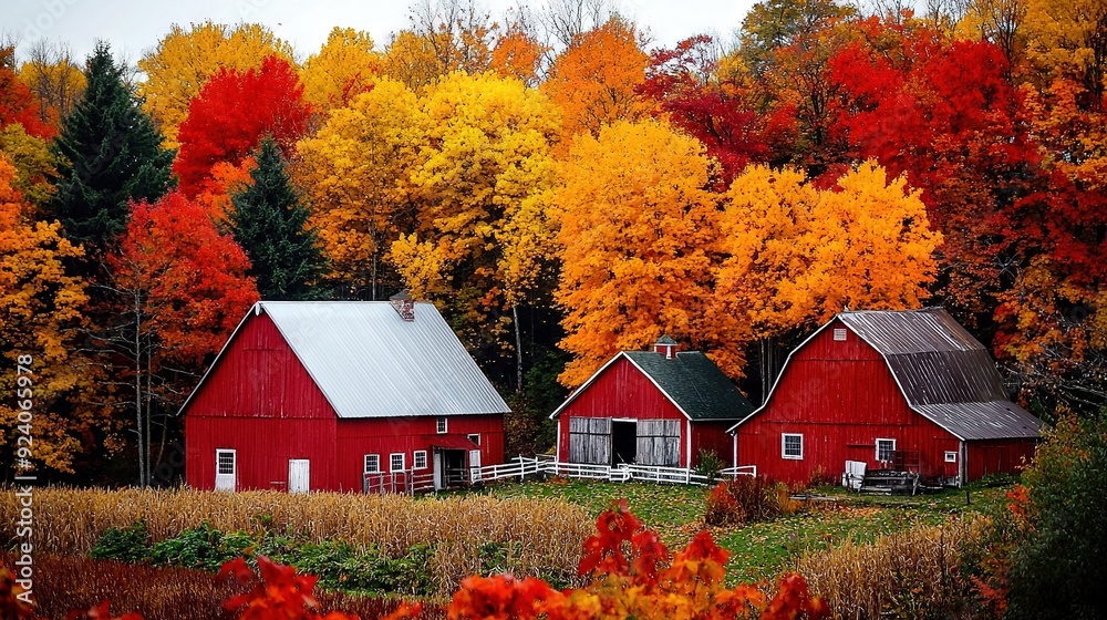 A pair of rustic red barns stand side by side against a backdrop of lush forestry The trees around them are ablaze with vibrant hues of gold, red A pair of rustic red barns stand side by side against a backdrop of lush forestry The trees around them are ablaze with vibrant hues of gold, red