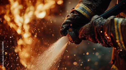 Close-up of the fireman's hands, holding the hose and extinguishing the flames with water.
