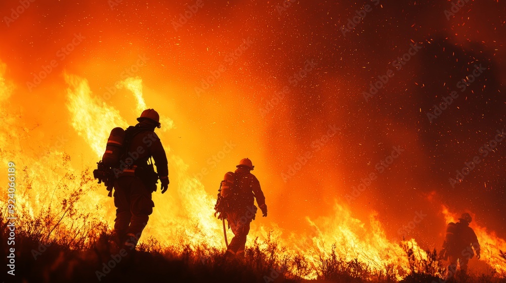 Fototapeta premium Firefighters in a field with a wildfire burning in the background.