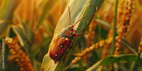 Devastating corn rootworm species Western corn rootworm Diabrotica virgifera virgifera with the female typically in color on the corn photo