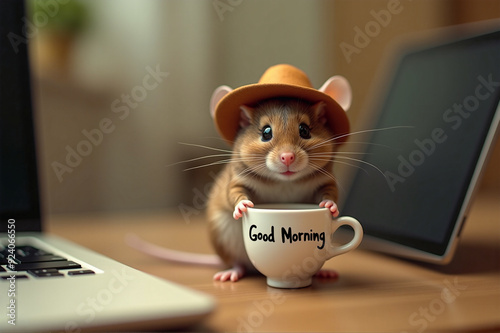 Morning of a working day. Desktop with a laptop and a funny mouse (imitation of a computer mouse) offering the user a cup of coffee with the inscription “good monrning”.  AI generative. photo