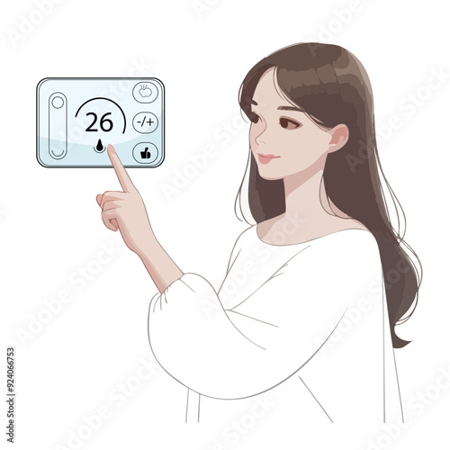 A full-length girl presses her finger on a touch thermostat, a minimalist cartoon style dimmer. The concept of using a smart home device. On a pure white background