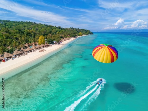 A picturesque beach resort with nonessential activities like parasailing and private cabanas, offering a paradise of relaxation and enjoyment photo