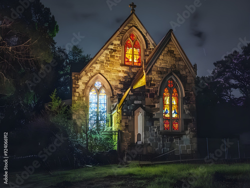 Spooky church with colorful stained glass windows glowing in the dark, surrounded by mist.