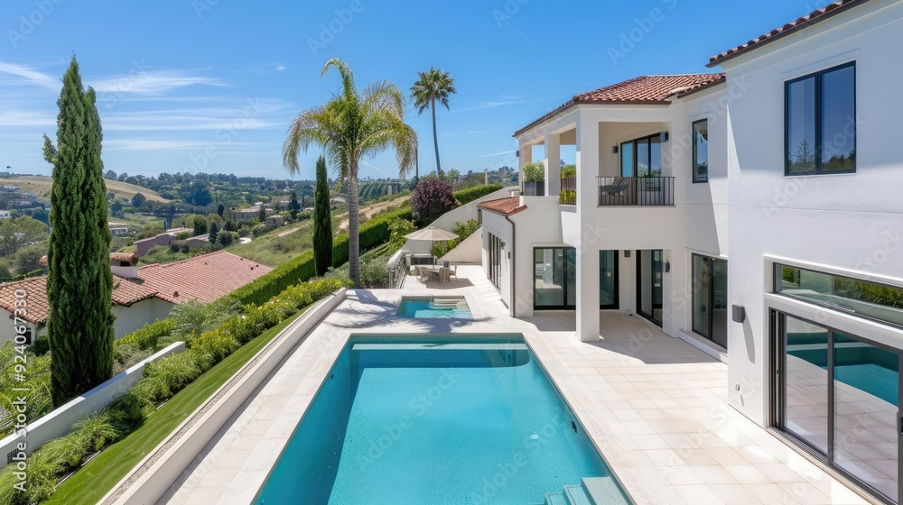 Fototapeta premium A luxury real estate open house with a panoramic view of a modern mansion, potential buyers admiring sleek interiors, and a sprawling backyard oasis