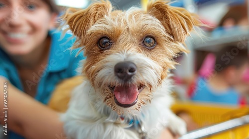 A lively pet adoption fair where volunteers lend guidance to potential pet owners, showcasing adorable animals eager to find loving homes