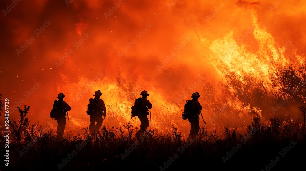 Firefighters in a field with a wildfire burning in the background. Firefighters in a field with a wildfire burning in the background.