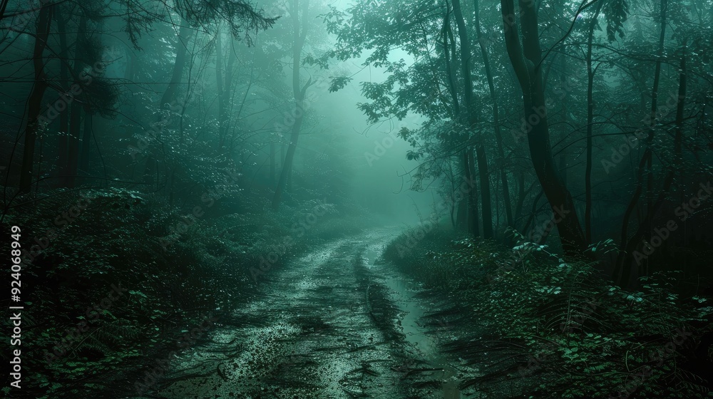 dark green fantasy forest path. muddy path. foggy morning dew AI generated dark green fantasy forest path. muddy path. foggy morning dew AI generated