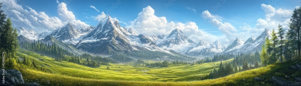 Fototapeta premium Majestic Mountain Range with Verdant Valley and Lush Meadows