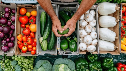 A bustling farmers market with essential fresh produce like fruits, vegetables, and grains, reflecting the heart of community and sustainability photo