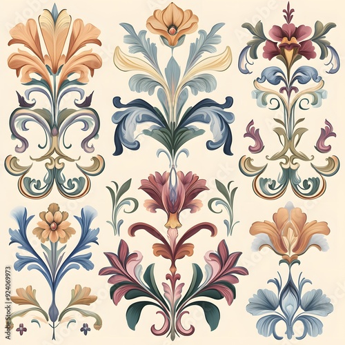 Set of stylized floral motifs with intricate details.