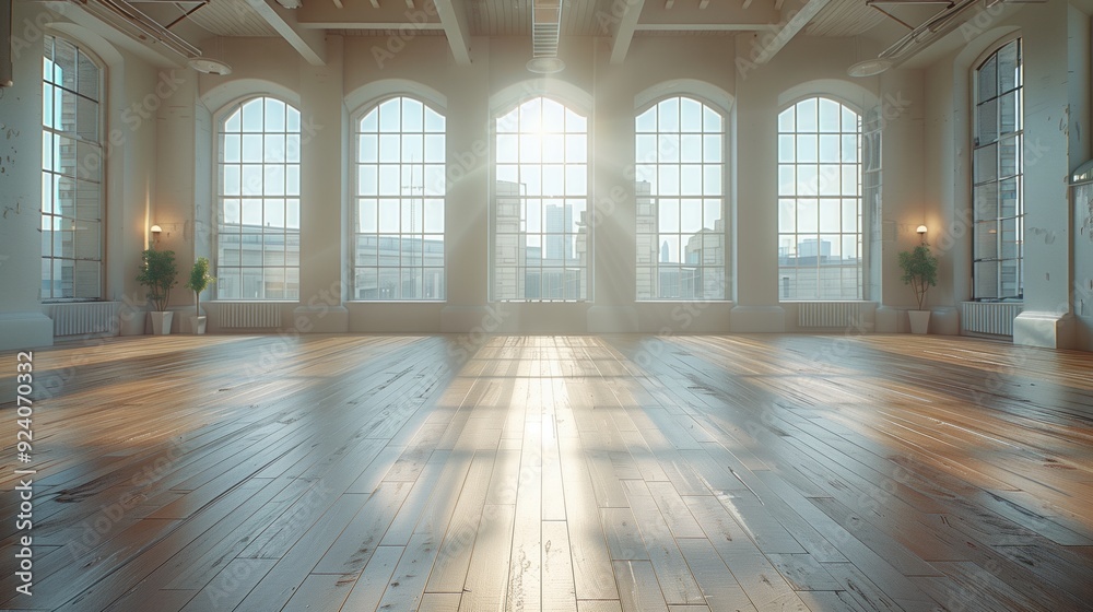 Modern empty room for dance with big windows and sunlight streaming through large windows, minimalism concept Modern empty room for dance with big windows and sunlight streaming through large windows, minimalism concept