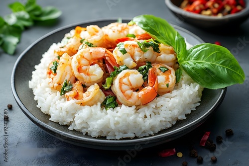 Close-up of a plate of shrimp and rice with basil.