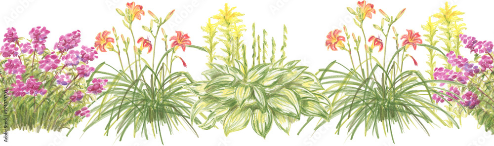 Fototapeta premium Seamless pattern of floral elements drawn with colored pencilsFlowering and herbaceous plants of different shapes, flowerpots and garden tools.