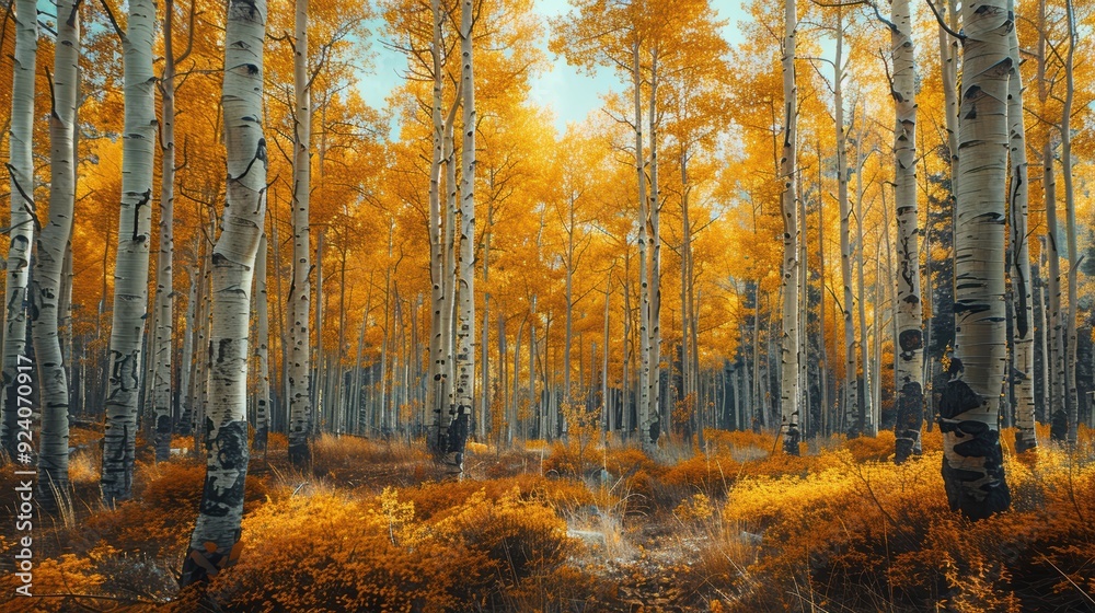 Fototapeta premium Golden autumn aspen forest with birch trees and vibrant foliage illuminated by soft sunlight