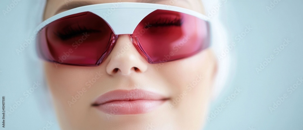 Closeup of Woman Wearing Protective Laser Glasses Closeup of Woman Wearing Protective Laser Glasses