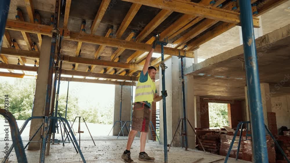 Construction Worker Adjusting Support Beams on Site. A construction ...