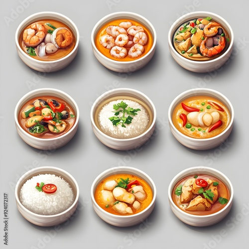 Nine white bowls with different Thai curries and rice.