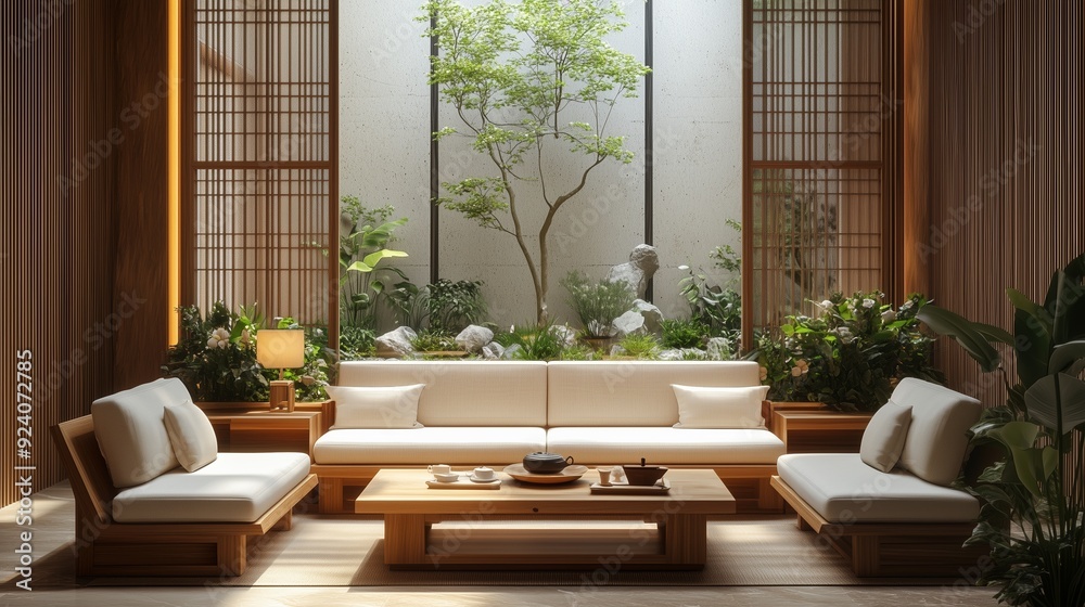 Modern Japanese-style interior with a tranquil garden view during daylight Modern Japanese-style interior with a tranquil garden view during daylight