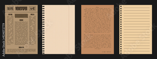 Lined and squared Sheets from Notebook. Old Newspapers and unreadable letter. Realistic elements for cutting out different shapes for Scrapbook and Collages. Vertical background for social networks